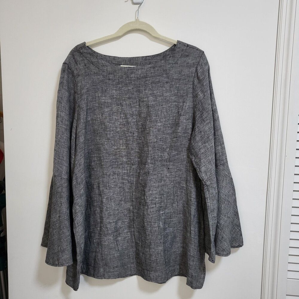 CYNTHIA ROWLEY 100% Linen Top Womens 1X Gray Bell Sleeve Boho Lagenlook Natural